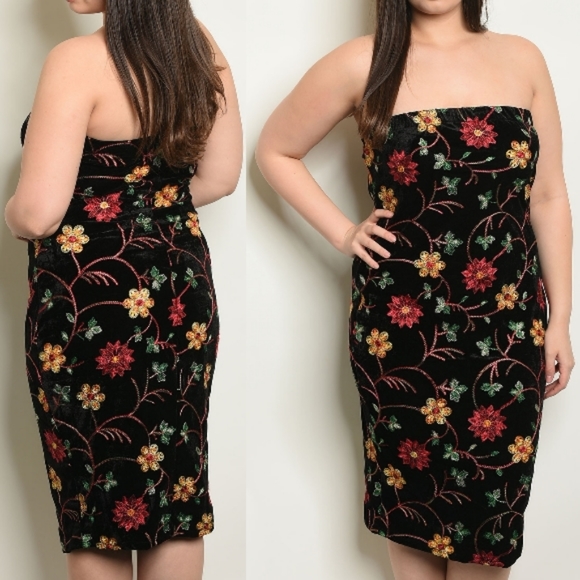 Floral Embroidered Velvet Strapless Dress - Picture 7 of 8